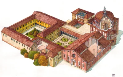 Luftfoto av kirken Santa Maria delle Grazie, grunnlagt i 1463 av dominikanerne, i Milano, Italia. I refektoriet er Leonardo da Vincis Cen (Cenacolo) synlig.
