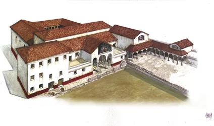 Antikkens Roma: rekonstruksjon av Villa des Lions (Casa ou domus dei Leoni) i Ostia Antica (Ostia), 3. århundre f.Kr. Italia Illustrasjon av Giorgio Albertini. (Bruken av denne forfatterens verk er ikke underlagt en søknad om tillatelse fra en tredjepart.)