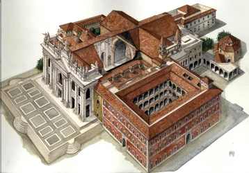 Barokkarkitektur: rekonstruksjon av basilikaen St. Johannes Laterano (San Giovanni in Laterano) (1600-1700-tallet) Roma Illustrasjon av Giorgio Albertini. (Bruken av denne forfatterens verk er ikke underlagt en søknad om autorisasjon)