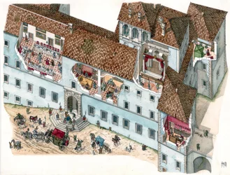Barokkkunst: utsikt og arkitektonisk del av palasset Chigi a Ariccia, Lazio, på 1600-tallet. Interiøret i familierommene og tjenestefolkets avdelinger er synlige. Italia