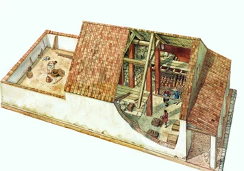 Bysantinsk arkitektur: rekonstruksjon av et Class-lager, lager i Classe-havneområdet, havnen i byen Ravenna (Ravenna) på keiser Justinians tid. Italia, 7. århundre. Denne delen av bygningen lar deg se varene som er lagret.