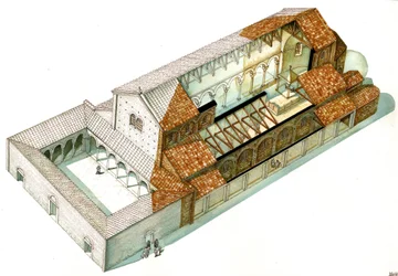 Bysantinsk kunst: rekonstruksjon av basilikaen i Cabianca, grunnlagt under keiser Justinian I (482–565) i Ravenna (Ravenna). Italia