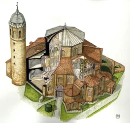 Bysantinsk kunst: representasjon av basilikaen St. Vital (Saint Vital eller San Vitale) i Ravenna (Ravenna) på 400-tallet. Luftfoto med utsnitt for å se interiøret. Italia Illustrasjon av Giorgio Albertini. (Bruken av denne forfatterens verk er ikke underl