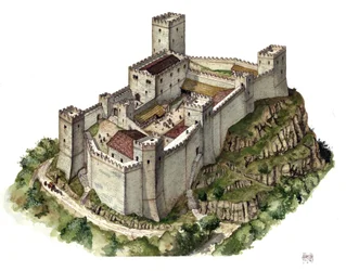 Middelalderarkitektur: rekonstruksjon av slottet Canossa på 1000-tallet, da grevinne Mathilde av Canossa (eller grevinne Mathilde av Toscana) (1046-1115) og pave Gregor VII (1015/20-1085) søkte tilflukt der. Italia. Illustrasjon av Gior