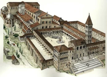 Middelalderen: Den antikke Peterskirken i Roma (Basilica di San Pietro eller Basilica di Konstantin) ca. 1300, Roma, Italia