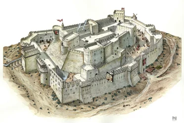 Middelalderen: luftfoto av riddernes Krak (Crac) (Qala#39;at el Husn eller Qala#39;at al Hosn), slott bygget rundt 1100 av Raymond IV av Toulouse, kjent som Raymond de Saint Gilles, greve av Toulouse og Tripoli (Raymond I) (1042-1105) på 1200-tallet