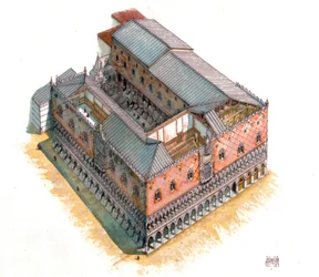 Middelalderen: luftfoto og arkitektonisk del av Dogepalasset (eller hertugpalasset eller Palazzo Ducale) på Markusplassen i Venezia på 1400-tallet. Italia