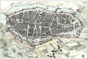 Middelalderen: luftfoto av byen Lübeck i Tyskland med gatekart, som viser dens geografiske plassering på en øy ved samløpet av elvene Wakenitz og Trave. 15. århundre. Tyskland. Illustrasjon av Giorgio Albertini. (Bruken av denne forfatteren w
