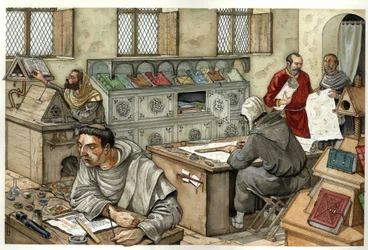 Middelalderen: munker kopierte manuskripter inn i et scriptorium på 1200-tallet. Illustrasjon av Giorgio Albertini.