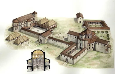 Middelalderen: oversikt og tverrsnitt som rekonstruerer Karl den stores palass (ca. 742–814) utført av arkitekten Eudes de Metz rundt 794 i Aachen (Aachen), Tyskland. Illustrasjon av Giorgio Albertini. (Bruken av denne forfatterens verk er ikke underlagt f