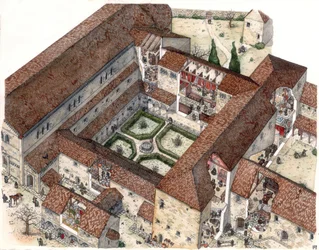 Middelalderen: rekonstitusjon av et kloster og nonnernes eller munkenes liv. Utklippene lar deg se de indre scenene. Illustrasjon av Giorgio Albertini. (Bruken av denne forfatterens verk er ikke underlagt en søknad om tillatelse fra en tredjepart)