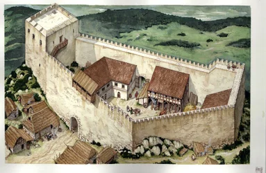 Middelalderen: rekonstruksjon av katarborgen Montségur (fullført på 1200-tallet), Ariege, Frankrike.