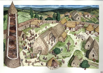 Middelalderen: rekonstruksjon av det gamle klosteret i Glendalough, grunnlagt av Saint Kevin, en eremittprest. Stedet ble et sted for religiøs utdanning på 800-tallet. Et rundt tårn er synlig i tverrsnitt, et keltisk kors. Irland-illustrasjon fra 800-talle