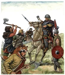 Middelalderen: scene fra slaget ved Roncevaux (spansk Baskerland), en frankisk rytter fra Karl den stores hær kjemper mot maurerne i 778. 8. århundre. Illustrasjon av Giorgio Albertini.