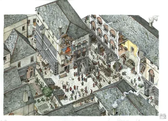 Middelalderen: utsikt over et palass tilhørende kjøpmannsadelen (Curia eller curia) av Genes på 1400-tallet, gatescener, Italia Illustrasjon av Giorgio Albertini.