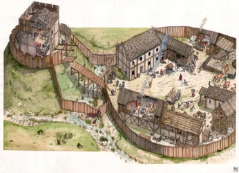 Middelalderen: landsby bygget ved bredden av en elv, voller av tre og et befestet tårn. 11. århundre