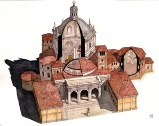 Paleokretisk kunst: oversikt og seksjoner som lar deg se det indre av kuppelen, kapellene, basilikaen San Lorenzo (St. Laurentius), grunnlagt på slutten av det 4. århundre Milano, Italia Illustrasjon av Giorgio Albertini. (Bruken av denne forfatterens 