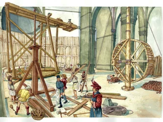 Renessanse: rekonstruksjon av byggeplassen til kuppelen til kirken Santa Maria del Fiore (Duomoen) etter planene til arkitekten Filippo Brunelleschi. 1436. Firenze, Italia. Illustrasjon av Giorgio Albertini. (Bruken av denne forfatterens verk er ikke s