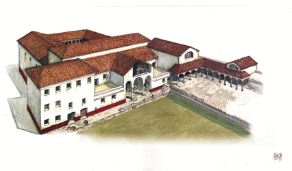 Romersk antikk: rekonstitusjon av stedet for domus av Marine Porte (domus di porta marina) i Ostia antica (det gamle Ostia) på 300-tallet, Italia.