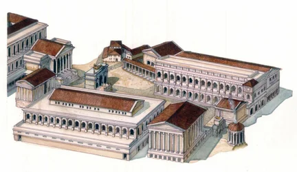 Romersk antikvitet: rekonstitusjon av det romerske forumet (foro romano) på tiden til keiser Augustus (Caius Julius Caesar Octavianus Augustus) (63 f.Kr.-14 e.Kr.)