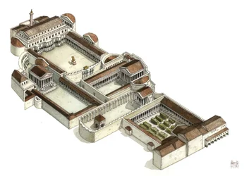 Romersk antikk: rekonstitusjon av Trajans forum (foro di traiano) på 300-tallet e.Kr., Roma. Italia.