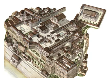 Romersk oldtid: rekonstruksjon av Palatinerhøyden (Palatino-høyden) på 300-tallet, der de påfølgende keiserne Augustus, Nero og Septimius Severus bygde sine respektive palasser. Roma, Italia