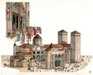 Romansk kunst: oversikt over katedralen i Santiago de Compostela, bygget på 1000- og 1100-tallet, i Santiago de Compostela, Spania.