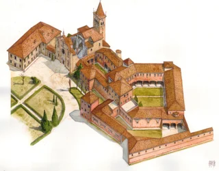Romersk-gotisk kunst: luftfoto av strukturen til Viboldone-klosteret, bygget mellom 1176 og 1348 i San Giuliano Milanese, nær Milano, Italia. Illustrasjon av Giorgio Albertini. (Bruken av denne forfatterens verk er ikke underlagt en søknad om tillatelse.) 