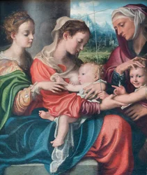 Madonna som mater barnet, den unge Johannes og Maria Magdalena og Elisabeth, ca. 1530 (olje på lerret)
