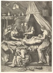 En allegori om sykdom, mann som legger seg på en seng omgitt av figurer, ca. 1540.