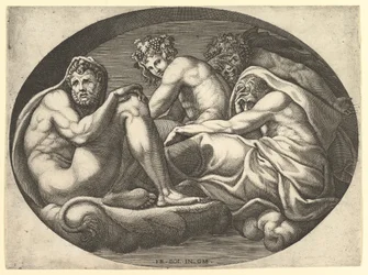 Hercules, Bacchus, Pan og Saturn, fra en serie på åtte komposisjoner etter Francesco P..., 1560-tallet.