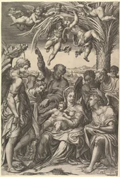 Hvil på flukten til Egypt, den hellige familie under et palmetre omgitt av engler, satt..., 1578.