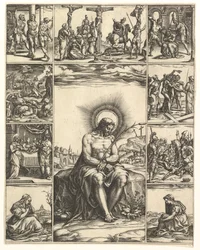 The Man of Sorrows, et bilde av Kristus omgitt av ni vignetter som viser scener av..., innen 1575.