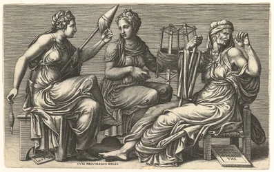 De tre skjebnegudinnene Klotho, Lachesis og Atropos, 1558-59