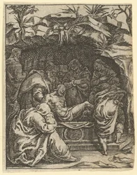 The Virgin of Sorrows: The Entombment, en av ni omkringliggende rom fra Vi..., innen 1575.
