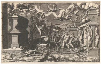 The Vision of Ezekiel, en gruppe lik og skjeletter som dukker opp fra gravene, over dem ..., 1554.