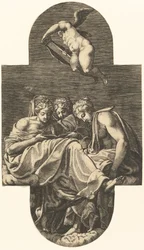 Tre muser og en putto over med en lyre, fra en serie på åtte komposisjoner etter Fran..., 1560-tallet.
