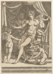 Venus og Vulkan sittende på en seng