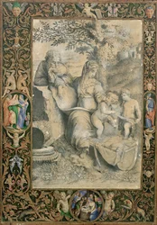 Kant til et opplyst manuskript rundt en tegning etter Rafaels The Holy family under the Oak (tilskrevet Clovio),