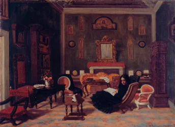Elizabeth Barret Browning i stuen i Guidi-huset i Firenze, ca. 1880 (olje på lerret)