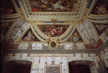 Detalj av rommet til Lorenzo il Magnifico som representerer hans besøk i Napoli (fresco