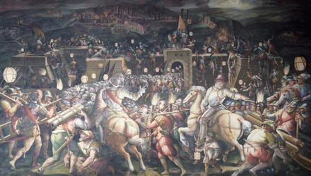 Italia, Firenze, Palazzo Vecchio (gamle palasset), Salone dei Cinquecento, inntak av fortet nær Port Camollia i Siena