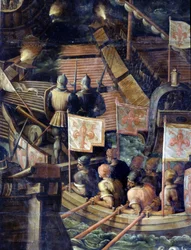 Sjøslag mellom Firenze og Pisa. Detalj. Cinquecento stue tak. Manieristisk maleri av Giorgio Vasari (1511-1574),1565. Palazzo Vecchio (Palazzo della Signoria) Firenze 1097.1
