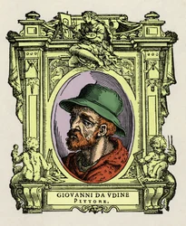 Portrett av Giovanni da Udine (Giovanni Nanni) (1487-1564). Italiensk maler og arkitekt. Gravering av godbiten "" Lives of the most excellent painters, sculptors and architects "" (The Lives of the most excellent painters, sculptors and