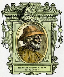 Portrett av Piero di Cosimo (ca. 1462-1521?), florentinsk maler. Gravering av godbiten "" Lives of the most excellent painters, sculptors and architects "" (The Lives of the most excellent painters, sculptors and architects) av Giorgio Vasari