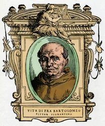 Portrett av den florentinske maleren Fra Bartolomeo (1473-1517) .. Gravering av godbiten "" Lives of the most excellent painters, sculptors and architects "" (The Lives of the most excellent painters, sculptors and architects) av Giorgio Vasari