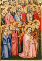 Italia, Firenze, Basilica of Holy Cross, Bandini Baroncelli Chapel, Engler som spiller musikkinstrumenter, detalj om kroning av Jomfru