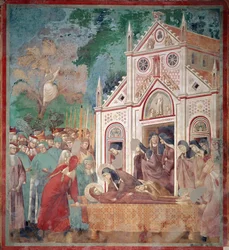 Begravelsescortesjen til Saint Francis of Assisi blir stoppet foran Saint Damien slik at Saint Claire kan ære liket - Fresco