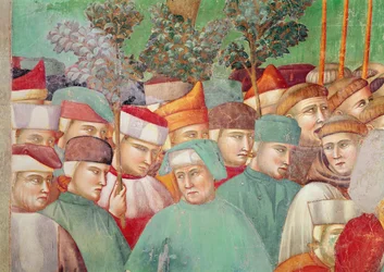 St Clare omfavner liket av St Francis, detalj av folkemengden på høyre side, 1297-99 (fresco) (detalj av 63354)