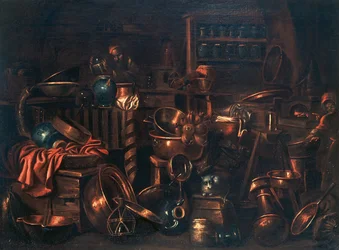 Alkymistens laboratorium, maleri av Gian Domenico Valentino (1630-1708), Italia